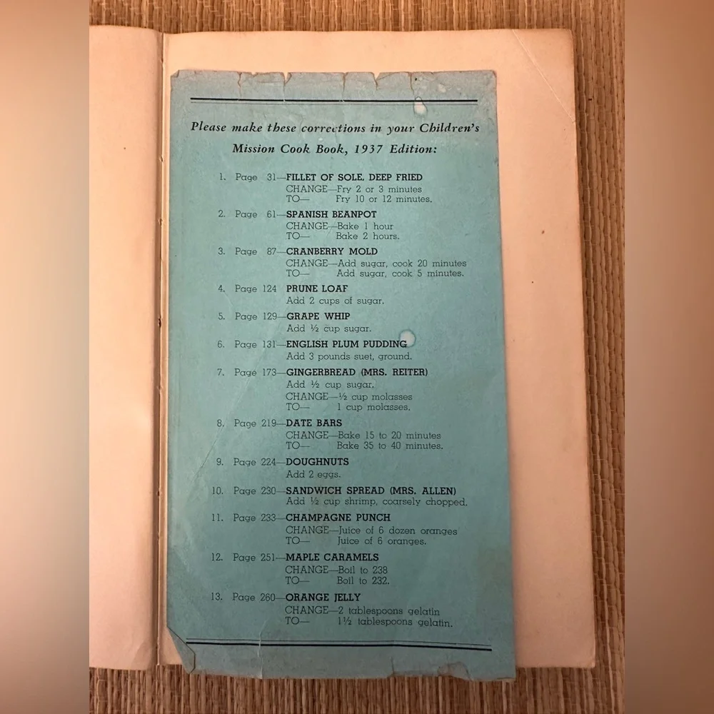 Childrens Mission Cook Book 1937 Hardcover Canton OH. Includes correction insert